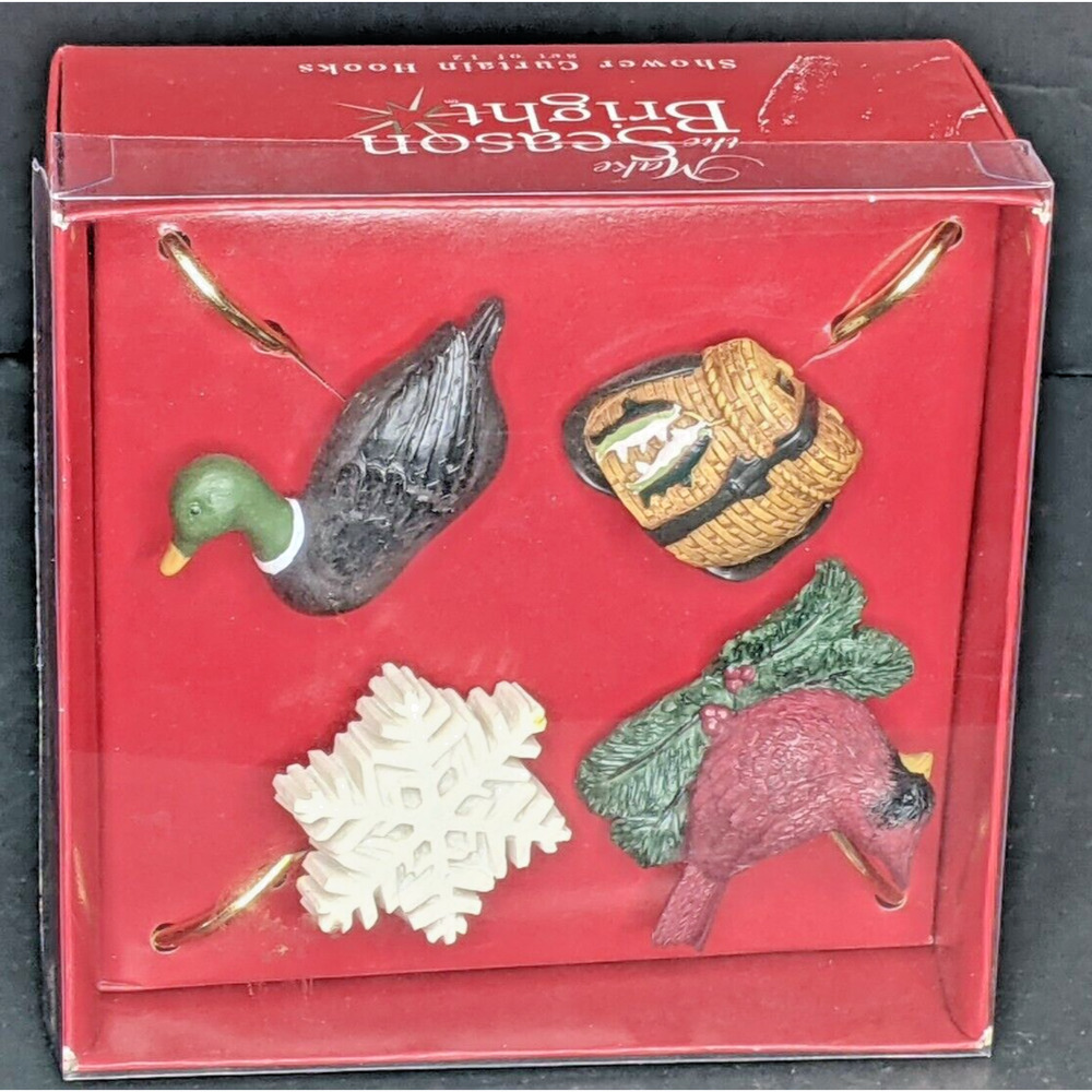 NEW Shower Curtain Hooks Set Of 12 Winter Outdoors Snowflake Cardinal Duck NEW